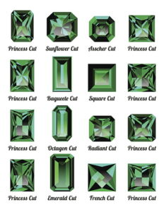 Set of realistic green emeralds with rectangle cuts isolated on white background.