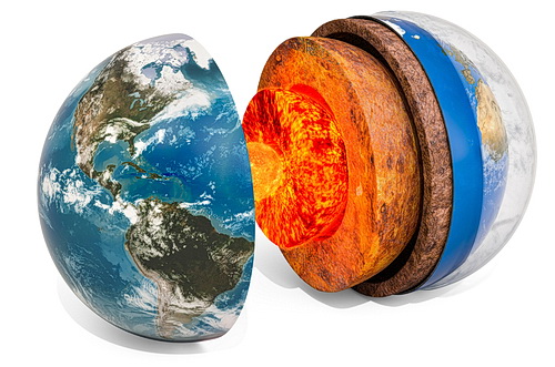 Structure of planet Earth with atmosphere layer concept, 3D rendering isolated on white background