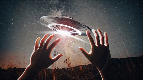 Illustration of a space ship with human hands reaching out to it