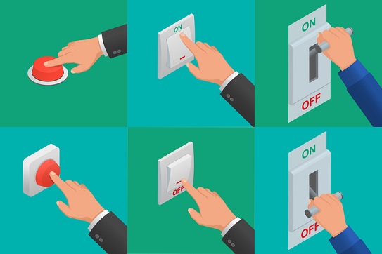 Set of realistic vector hands pressing light switches