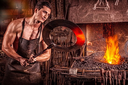 Illustration of blacksmith forging steel