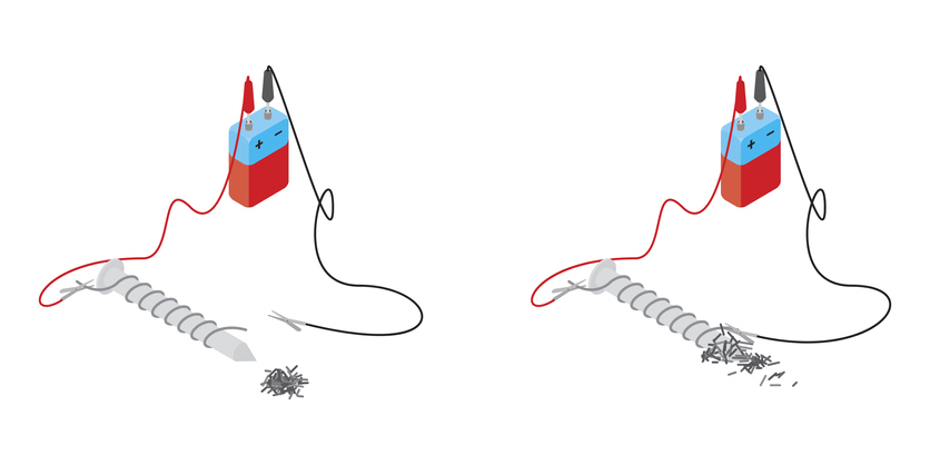 Illustration of wires wrapped around metal and connected and disconnected to a battery