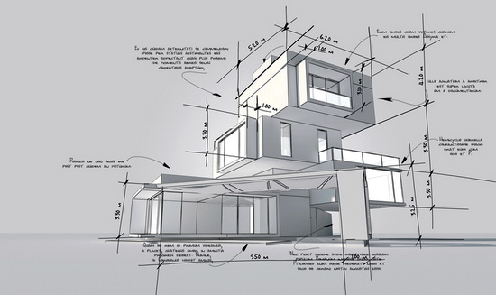 3D rendering of a modern building with construction using CAD software