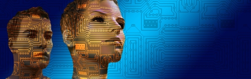 Illustration of computer chips on a wall with a woman in front