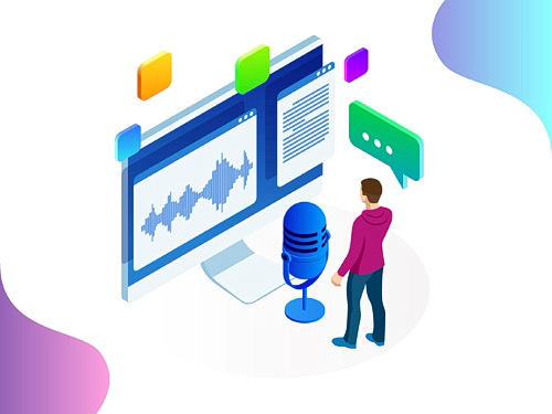 Illustration of voice seach with man at microphone